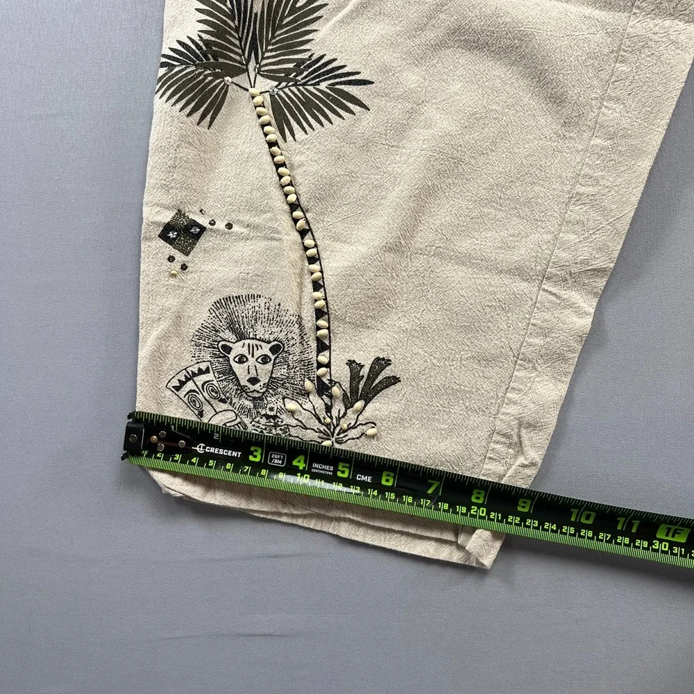 Jane Ashley Crop Pants Womens L Beige Embroidered Cotton Beaded Drawstring Waist